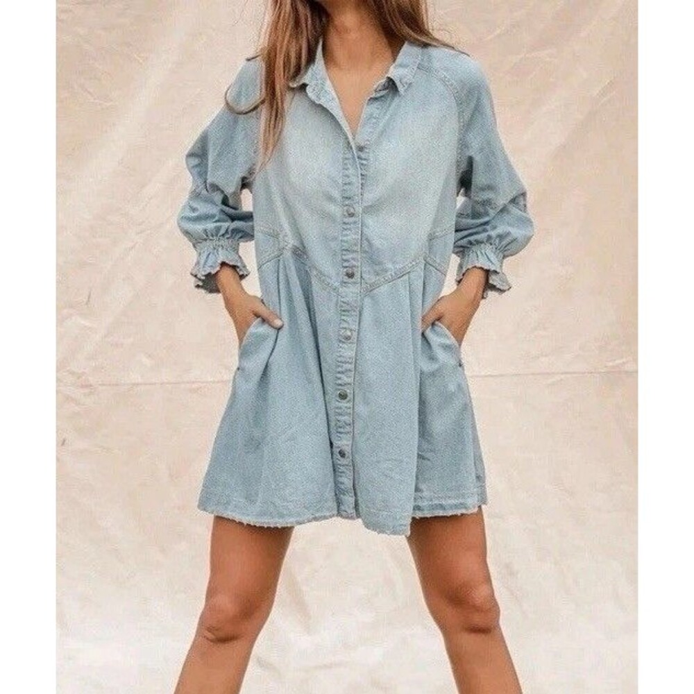 Free People Hannah Denim Mini Dress Sz Small Distressed Light Blue Denim